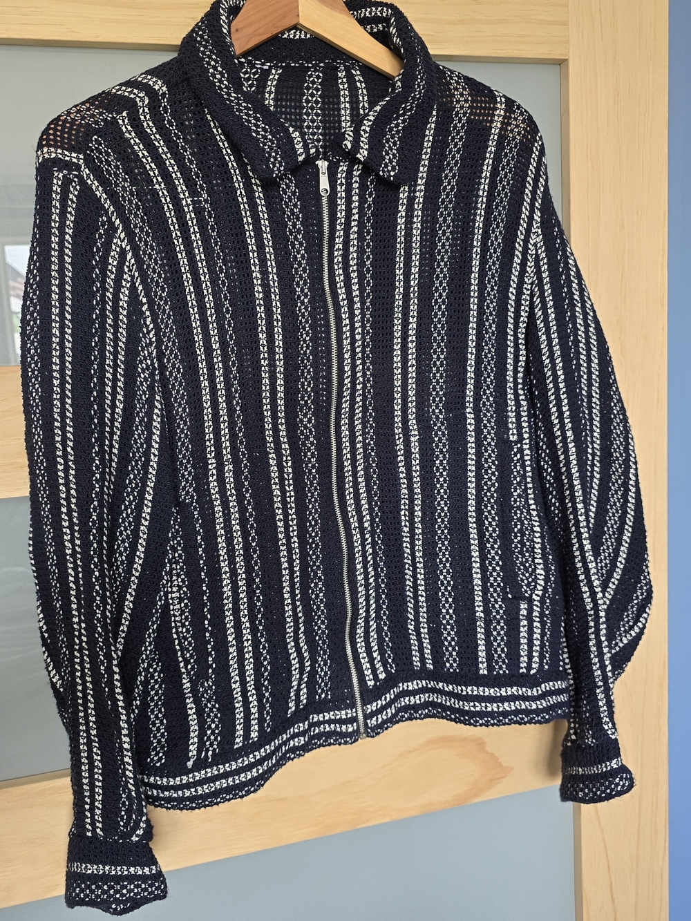 Zara Navy and White Striped Zip Knit Jacket
